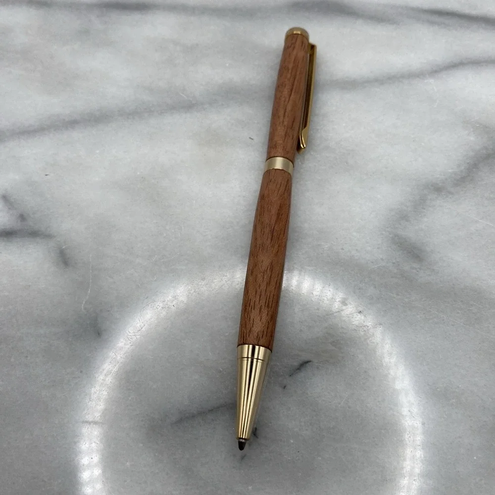 Elegant Slimline Handmade Wooden Ball Point Twist Blue Pen W/ Gold Plated Trim